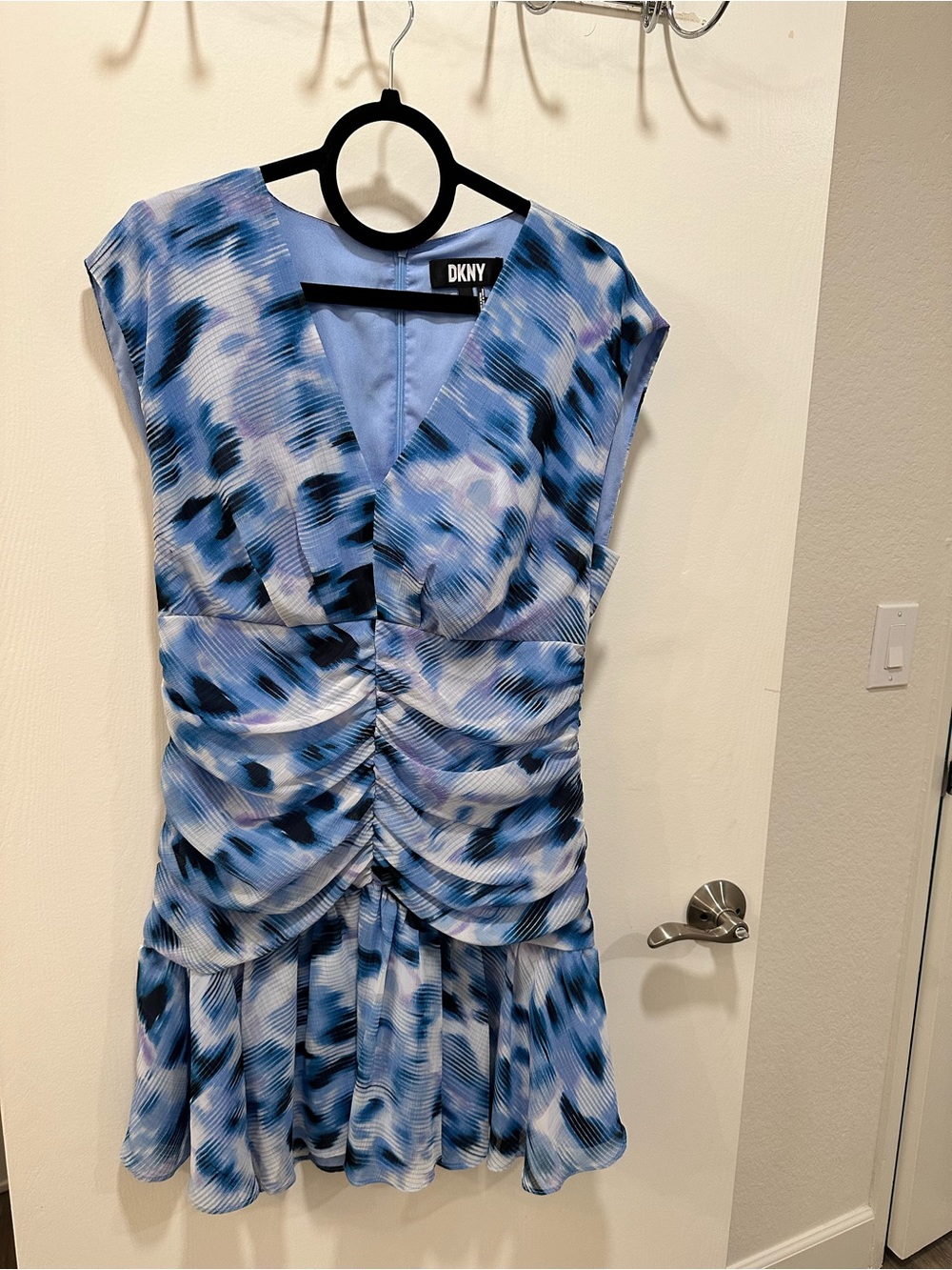 DKNY Blue Multi-Print Ruched V-Neck Mini Dress